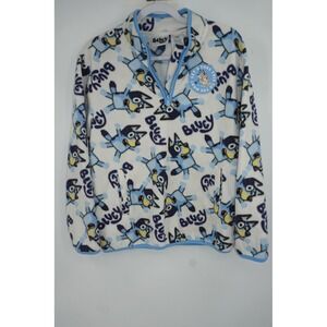 Bluey Polar Fleece Youth Large White Blue Quarter Zip Pullover Allover Print‎